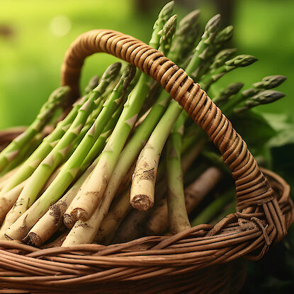 Frischer gr&uuml;ner Spargel in Weidenkorb im Garten, frisch geerntet