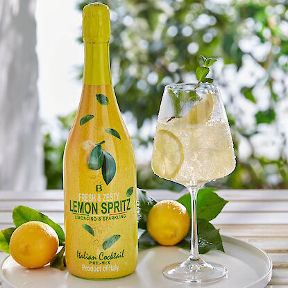 Flasche Lemon Spritz mit Zitronen und Glas mit Zitronenscheiben und Minze auf Tablett
