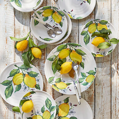 Geschirrset mit Zitronenmotiv auf Holztisch, Teller und Schalen dekoriert mit frischen Zitronen
