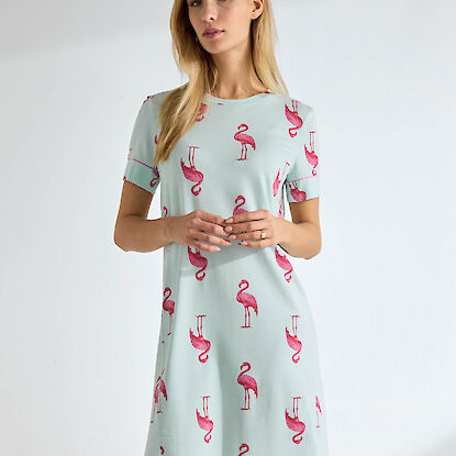 Kurzarm-Nachthemd f&uuml;r Damen in Mintgr&uuml;n mit Flamingo-Print, locker geschnitten und knielang