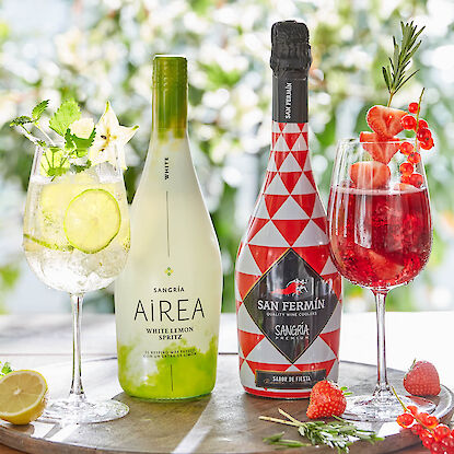 Sangria und Spritz in Gl&auml;sern mit Fr&uuml;chten, daneben Flaschen, dekoriert mit Erdbeeren, Zitrone und Kr&auml;utern