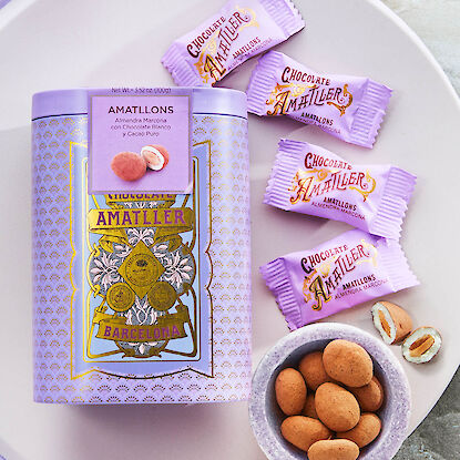 Amatller Mandeln mit wei&szlig;er Schokolade und Kakao, in dekorativer Dose und einzeln verpackt