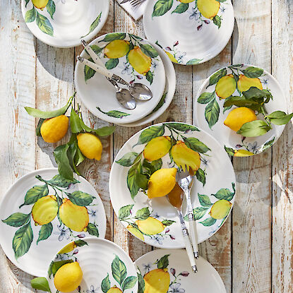 Geschirrset mit Zitronendekor auf rustikalem Holztisch, Teller und Schalen mit frischen Zitronen arrangiert