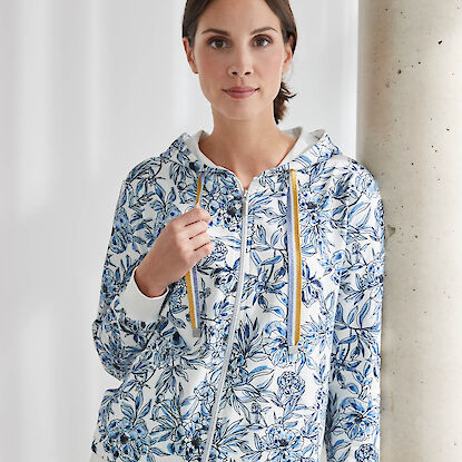 Damen-Hoodie mit blau-wei&szlig;em Blumenmuster und Kapuze im Casual-Look