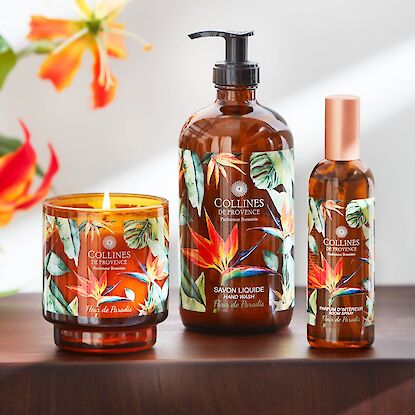 Duft- und Pflege-Set mit Kerze, Fl&uuml;ssigseife und Spray Fleur de Paradis mit tropischem Design