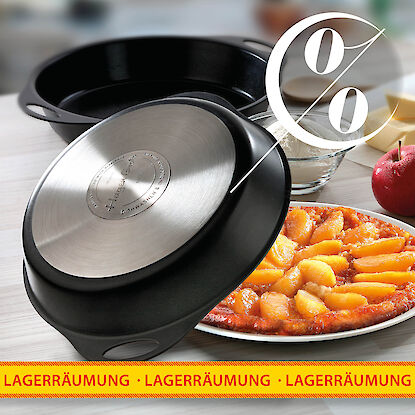Rabattierte Backformen und Tarte-Tatin-Pfanne bei Lagerr&auml;umung mit Apfelkuchen und Backzutaten