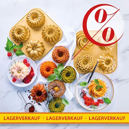 Lagerverkauf Backformen mit Antihaftbeschichtung &ndash; goldene Gugelhupf- und Mini-Kuchenformen mit Rabattaktion