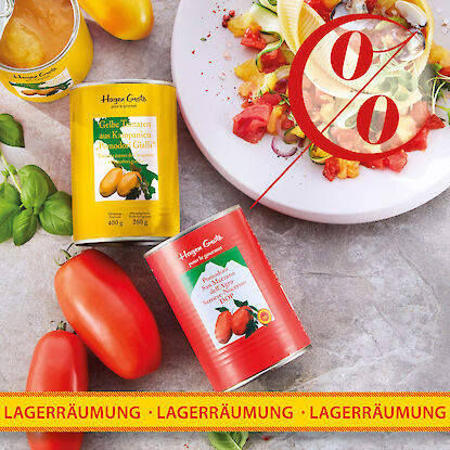 Rabattierte italienische Delikatessen mit Tomatenkonserven, Pasta und mediterranen Zutaten zur Lagerr&auml;umung