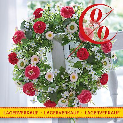 Lagerverkauf Fr&uuml;hlingskranz mit Margeriten und roten Bl&uuml;ten &ndash; dekorativer T&uuml;rkranz f&uuml;r Haus und Garten