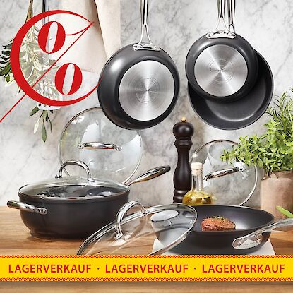 Lagerverkauf Kochgeschirr mit Pfannen und T&ouml;pfen &ndash; antihaftbeschichtetes Premium-Kochgeschirr im Angebot