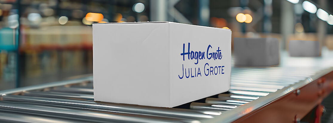 Karton mit Hagen Grote und Julia Grote Logo auf einem Fließband