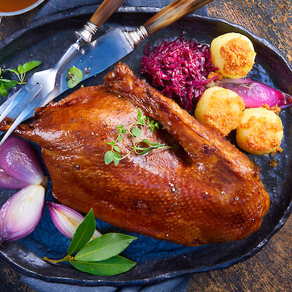 gebratene Ente auf einem Teller mit Rotkohl, Kartoffelklößen, roten Zwiebeln und frischen Kräutern.