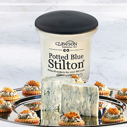 Potted Blue Stilton Käseblock, umgeben von Crackern, mit Käsecreme und Walnüssen garniert