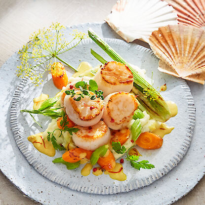 Coquilles Saint-Jacques poêlées avec des légumes, servies sur une assiette claire.