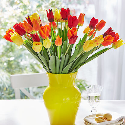 Tulpenstrauß in gelb, orange, rot in gelber Vase auf hellem Tisch mit Fenster zum Garten im Hintergrund