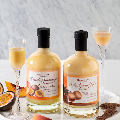 Liqueur aux œufs disponible en saveurs pêche-passion et truffe au chocolat.