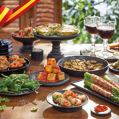 Vielfältige Tapas mit Gemüse, Meeresfrüchten, Fleischbällchen und Wein auf gedecktem Tisch angerichtet.