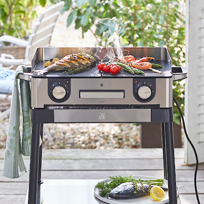 Elektrogrill mit gegrilltem Fisch, Garnelen, Spargel und Tomaten, darunter Teller mit rohem Fisch.