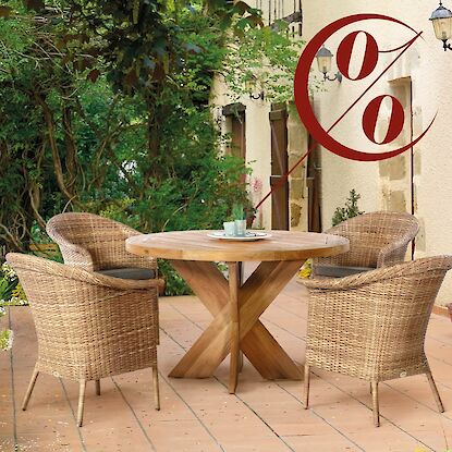 Sale: Gartenset mit rundem Holztisch und vier Rattanstühlen auf Terrasse, Rabattzeichen sichtbar.