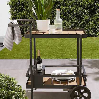 Moderner Servierwagen mit Pflanze, Glaskaraffe, Wein und Geschirr auf Terrasse im Garten.