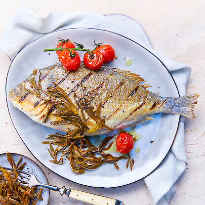 Gegrillte Dorade mit Algen und Ofentomaten auf Teller, daneben kleine Beilage mit Gabel.