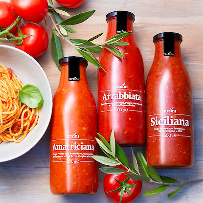 Drei Flaschen italienische Tomatensauce mit Spaghetti, frischen Tomaten und Olivenzweigen.