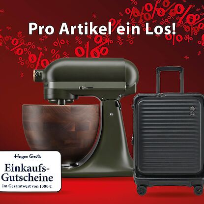Schnäppchen-Gewinnspiel-Banner bei Hagen Grote mit KitchenAid Sonderedition, einem schwarzen Koffer und Einkaufsgutschein