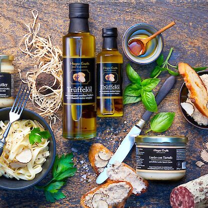 Une sélection de produits à la truffe de Hagen Grote, tels que le beurre à la truffe et l’huile à la truffe.