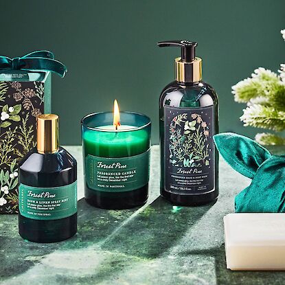 Pflegeset Forest Pine mit Duftkerze, Raumduft, Handseife und Seife, dekorativ arrangiert als Geschenkidee