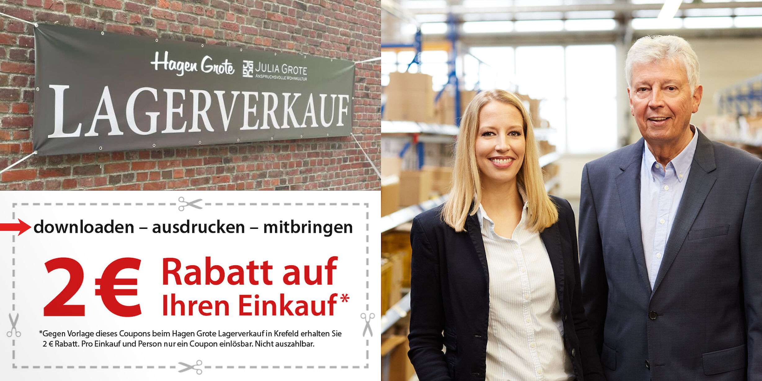 Hagen Grote Lagerverkauf: 3-teiliges Bild mit rechts Hagen Grote und Julia Grote im Lager. Links oben ein Bild des Lagerverkaufbanners vor einer Klinkerwand und darunter ein Schwerlastregal mit Angeboten
