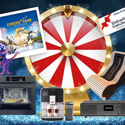 Glücksrad mit Preisen: Einkaufsgutschein, Kaffeevollautomat, Wellnessliege & Europa-Park-Tickets