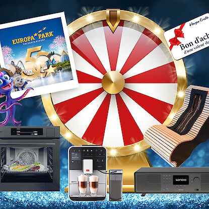 Roue de la fortune avec prix : bon d’achat, machine à café, fauteuil bien-être et billets Europa-Park