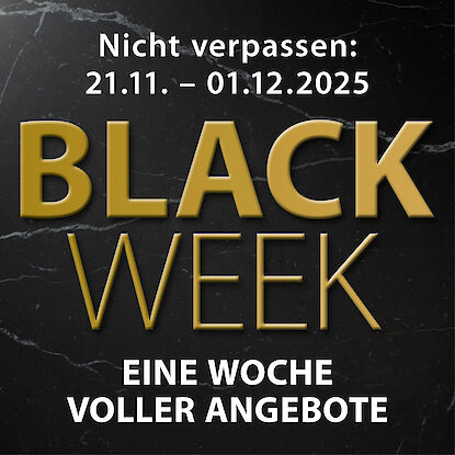 Banner zur Black Week 2025 mit goldenem Schriftzug auf schwarzem Marmorhintergrund, Zeitraum 21.11.–01.12., Hinweis auf Aktionswoche voller Angebote.