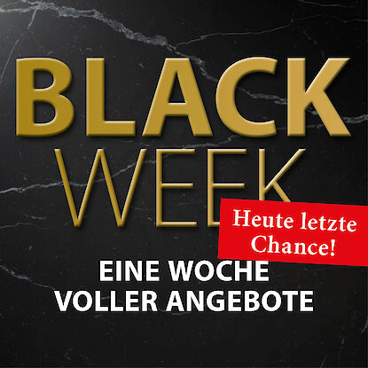 Banner zur Black Week 2025 mit goldenem Schriftzug auf schwarzem Marmorhintergrund, Zeitraum 21.11.–01.12., Hinweis auf Aktionswoche voller Angebote.