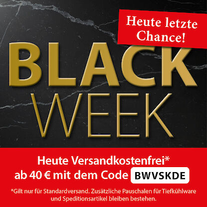 Banner zur Black Week 2025 mit goldenem Schriftzug auf schwarzem Marmorhintergrund, Zeitraum 21.11.–01.12., Hinweis auf Aktionswoche voller Angebote.