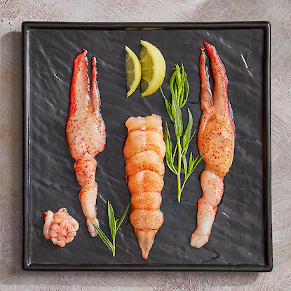 Hummerfleisch mit Scheren und Schwanzstück auf schwarzer Platte, garniert mit Estragon und Zitronenscheiben.