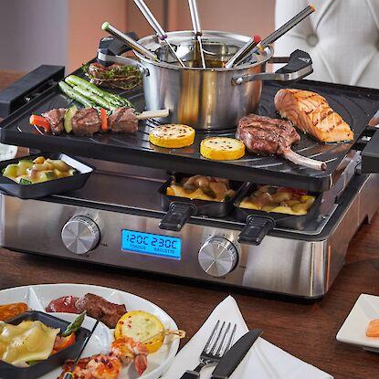 Elektrischer Raclette- und Fondue-Grill mit Doppelplatte – perfekt für festliche Abende mit Fleisch, Fisch und Gemüse