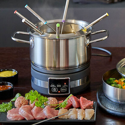 Elektrisches Edelstahl-Fondue mit Temperatursteuerung – ideal für Fleisch, Fisch und Gemüse am geselligen Tisch