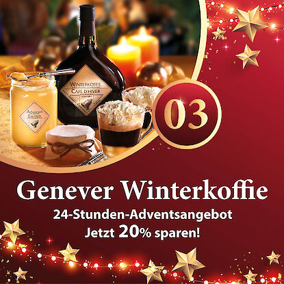 Werbebanner mit Genever Winterkoffie, Eierlikörglas, zwei Winterkaffees und Hinweis auf 20 % Advents-Rabatt.