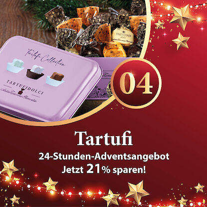 Werbebanner mit Tartufi-Pralinen in Geschenkdose und Hinweis auf Adventsangebot mit 21 % Rabatt.