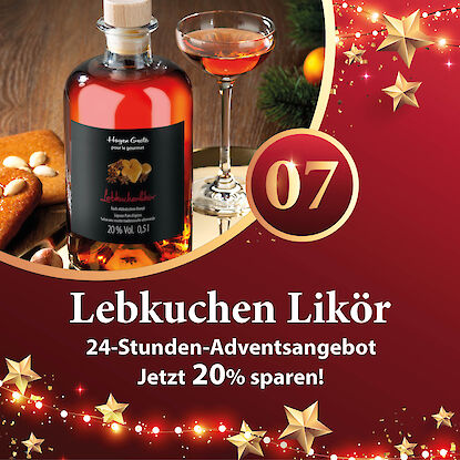 Werbebanner mit Lebkuchenlik&ouml;rflasche, gef&uuml;lltem Glas, Lebkuchen und Gew&uuml;rzen, dazu Hinweis auf 20 % Adventsrabatt.