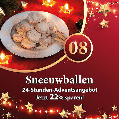 Werbebanner mit Schneeballen-Gebäck auf Teller, weihnachtlichen Kerzen und Tannendeko, dazu Hinweis auf 22 % Rabatt.