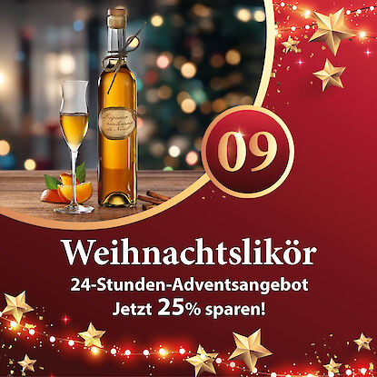 Werbebanner mit sizilianischer Weihnachtslikörflasche, Likörglas, Orangenstücken und Zimt, dazu Hinweis auf 25 % Rabatt.