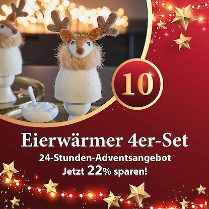 Werbebanner mit vier Eierwärmern im Rentierdesign auf dem Frühstückstisch, dazu Hinweis auf 22 % Rabatt im 24-Stunden-Adventsangebot.
