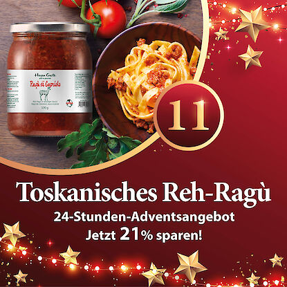 Banner mit Glas Reh-Ragù und Pasta auf Holz, daneben goldene Sterne und Hinweis auf 24-Stunden-Adventsangebot mit 21 % Rabatt.
