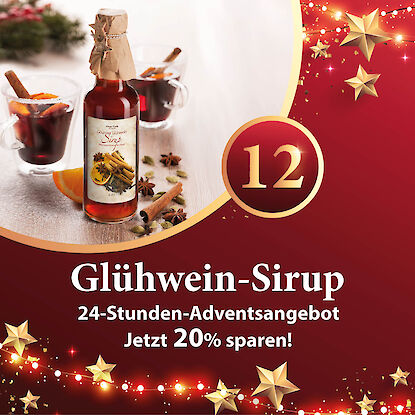 Werbebanner mit Glühweinsirupflasche, zwei Gläsern Glühwein, Orangen und Gewürzen, dazu Hinweis auf 20 % Adventsrabatt.