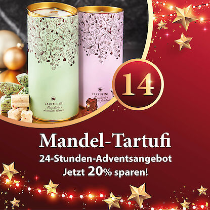 Banner mit zwei Dosen Mandel-Tartufi und Pralinenstücken, goldene Sterne und Hinweis auf 24-Stunden-Adventsangebot mit 20 % Rabatt.