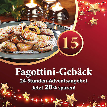 Werbebanner mit gef&uuml;llten Fagottini-Keksen auf Silbertablett, im Hintergrund Kerzen, dazu Hinweis auf 20 % Rabatt.