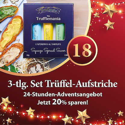 Werbebanner mit 3er-Set Tr&uuml;ffel-Tartinaden und belegten Crostini, dazu Hinweis auf 20 % Rabatt.