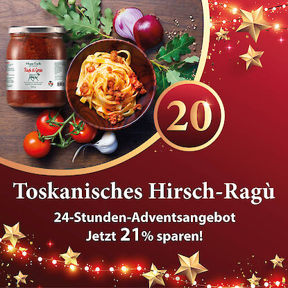 Werbebanner mit toskanischem Hirsch-Rag&ugrave; im Glas, Sch&uuml;ssel Pasta und frischem Gem&uuml;se, dazu Hinweis auf 21 % Rabatt.